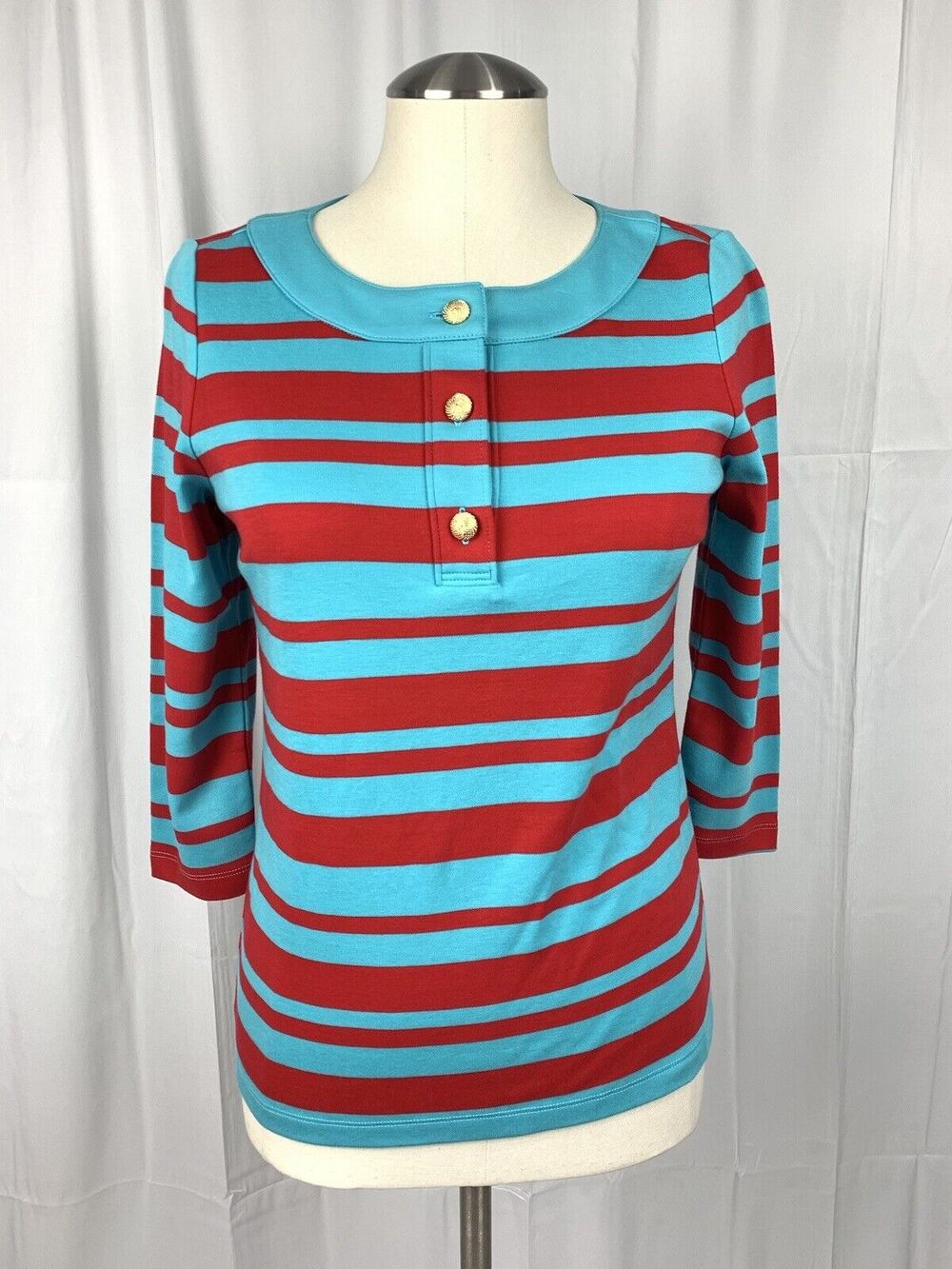 Talbots Women’s Red/ Aqua Striped Henley Pima Cotton Shirt 3/4 Sleeve SP